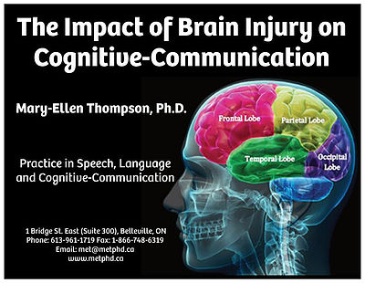 an informative post titled "The Impact of Brain Injury on Cognitive-Communication showing detailed illustration of the parts of the human brain and contact information for Mary-Ellen Thompson, Ph.D.