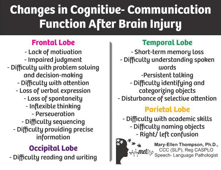 A chart titled Changes in Cognitive-Communication Function After Brain Injury with lists under the different parts of the brain