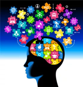 illustration of a human head with colourful puzzle pieces containing icons of the ways COGMED trains your brain